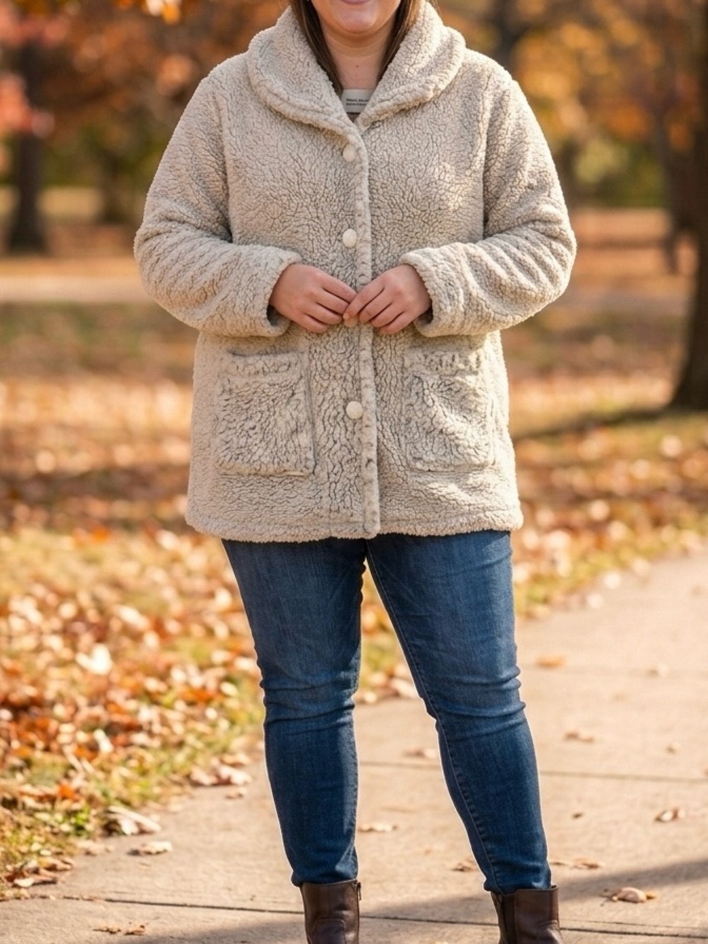 Totes Women's XL Sherpa Coat Off White Gray Plush Fleece Button Front
